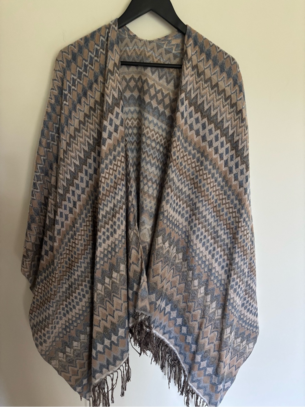 Plus size Women's Boho Knit Wrap- Shawl in Taupe and Blue